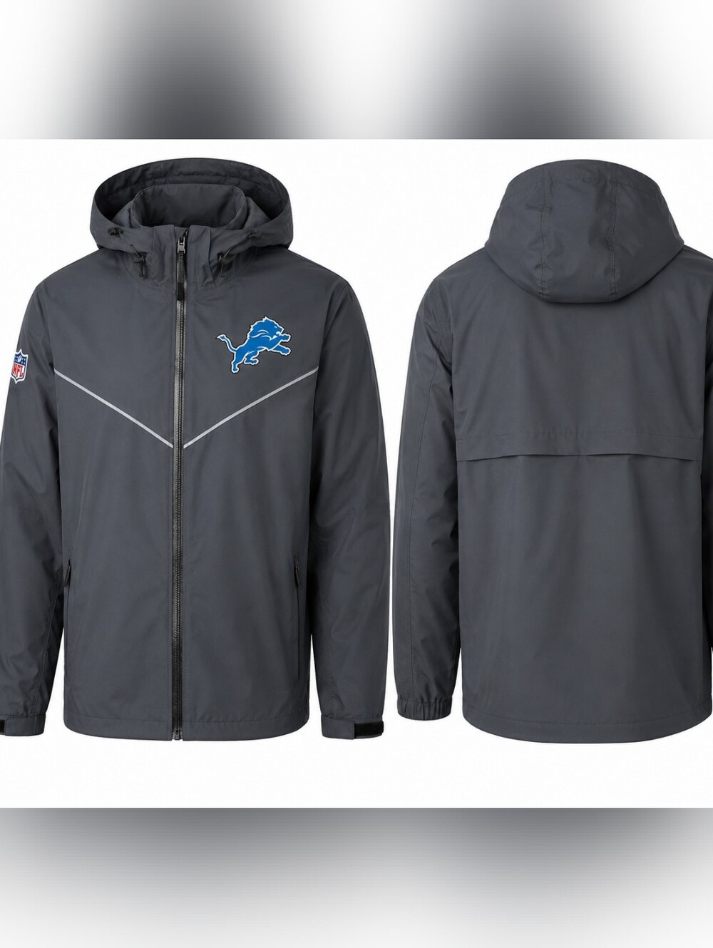 Nike Men's Dark Gray Hooded Raincoat with Blue Detroit Lions Emblem